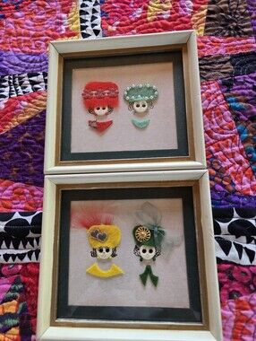 Pair Vintage Button Art Ladies Nineties Framed Minatures